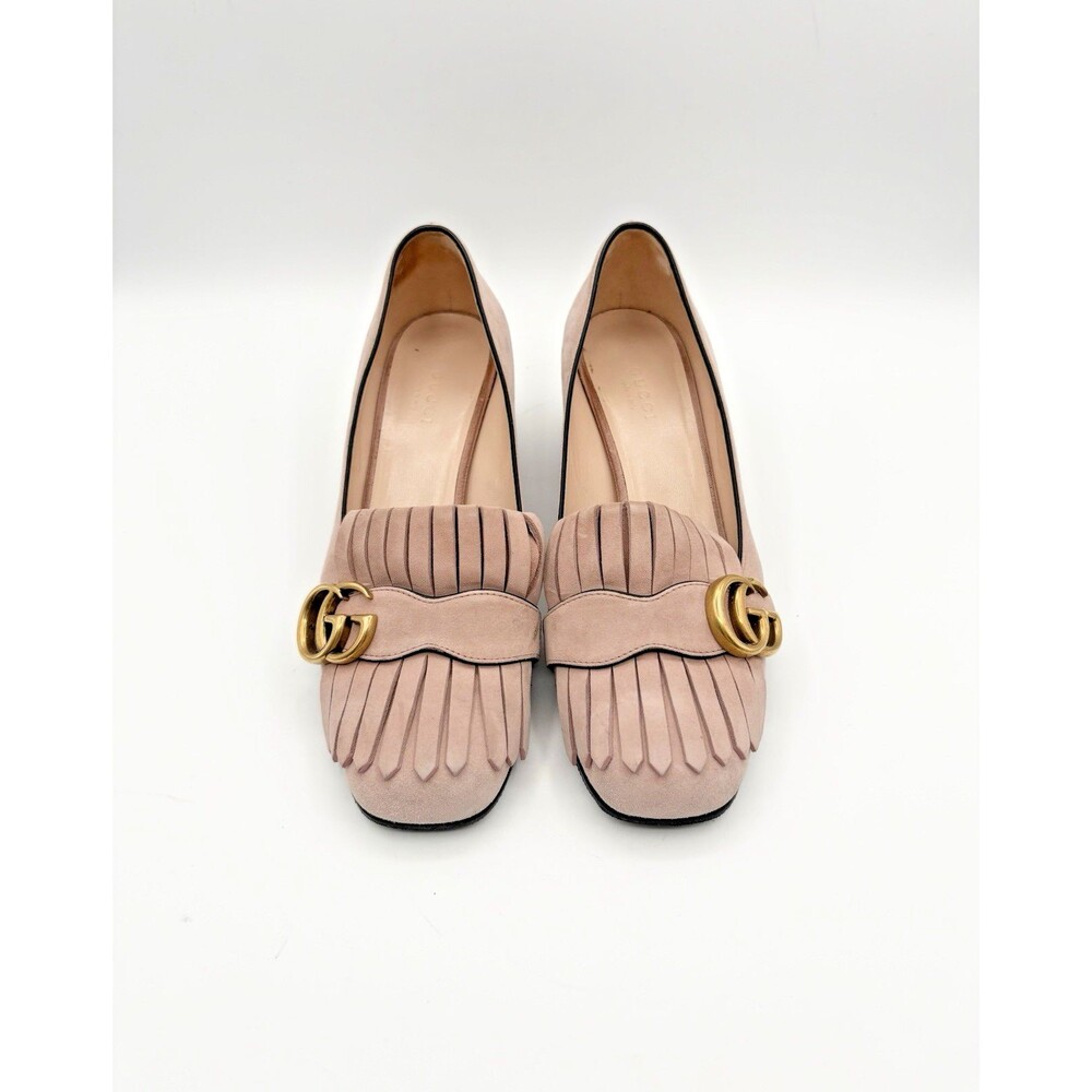 Gucci Pink Suede Fringe Marmont GG Logo Block Heel Low Heel Pumps Size EU 37 - Picture 2 of 14